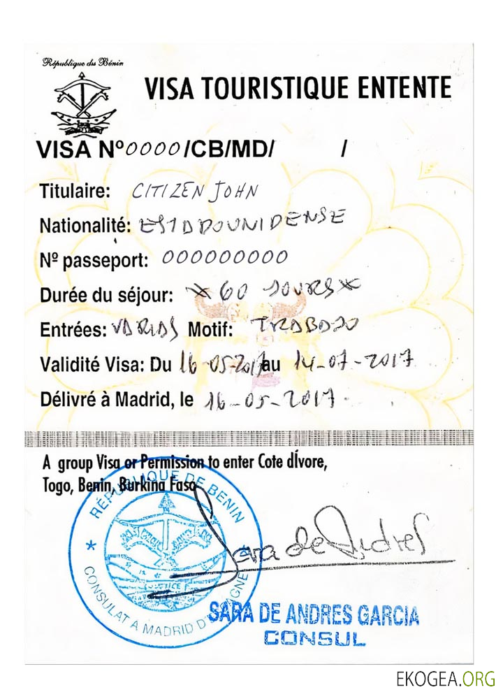 Visa touristique COTE D'IVOIRE, TOGO, BENIN, BURKINA FASO